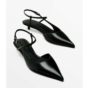 New Massimo Dutti Black Leather Heeled Slingback Shoes With Buckle size 11.